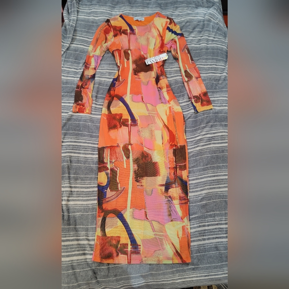 Almost Famous Vibrant Long Sleeve Dress - Orange, Pink, Blue